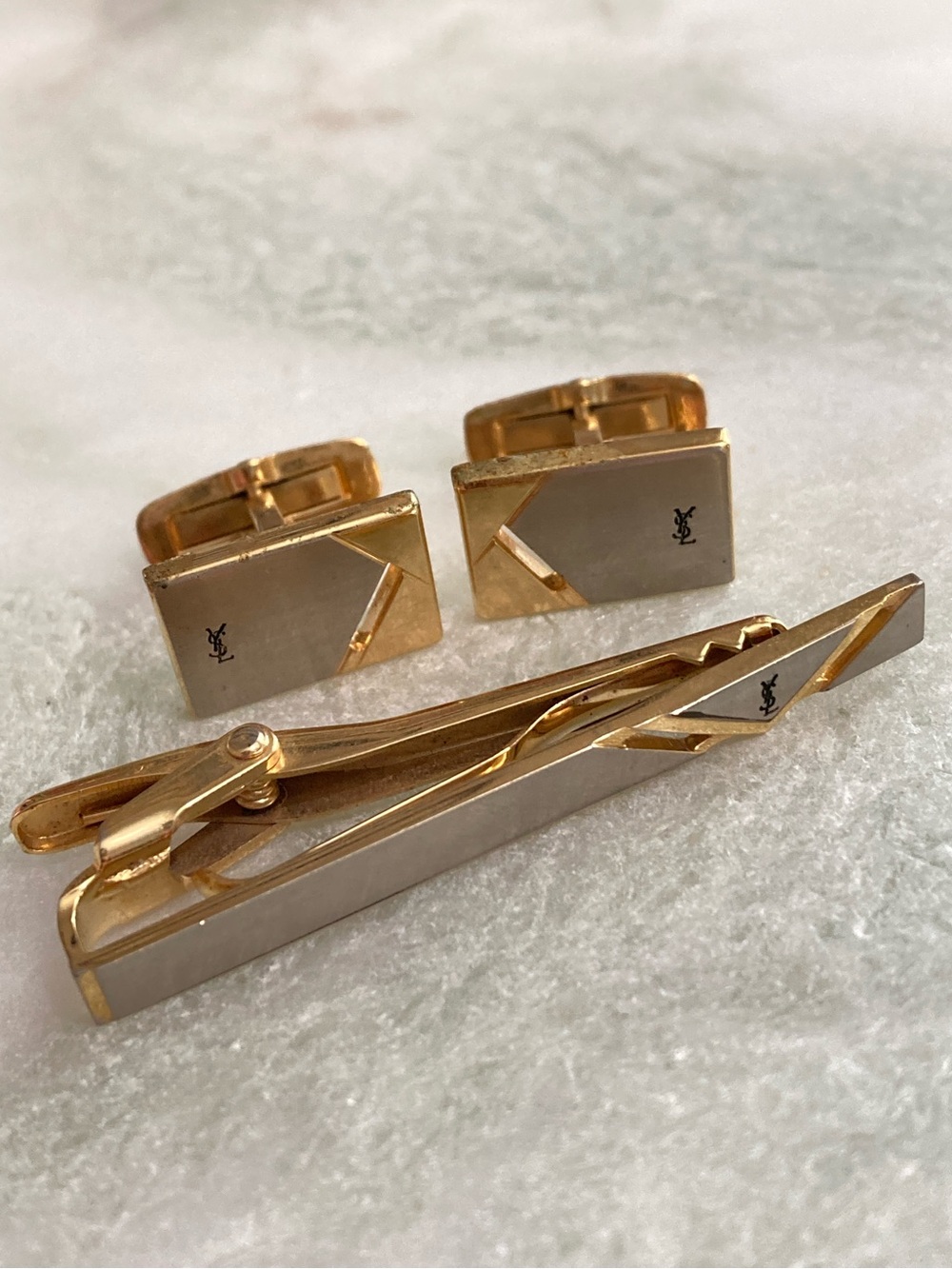 YSL Vintage Cuff Links & Tie Clip Set